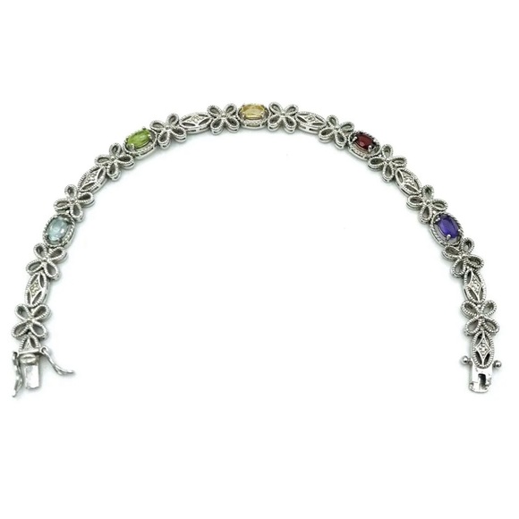 Vintage PAJ BB China Silver Tone Floral Gemstone Bracelet - Picture 2 of 9